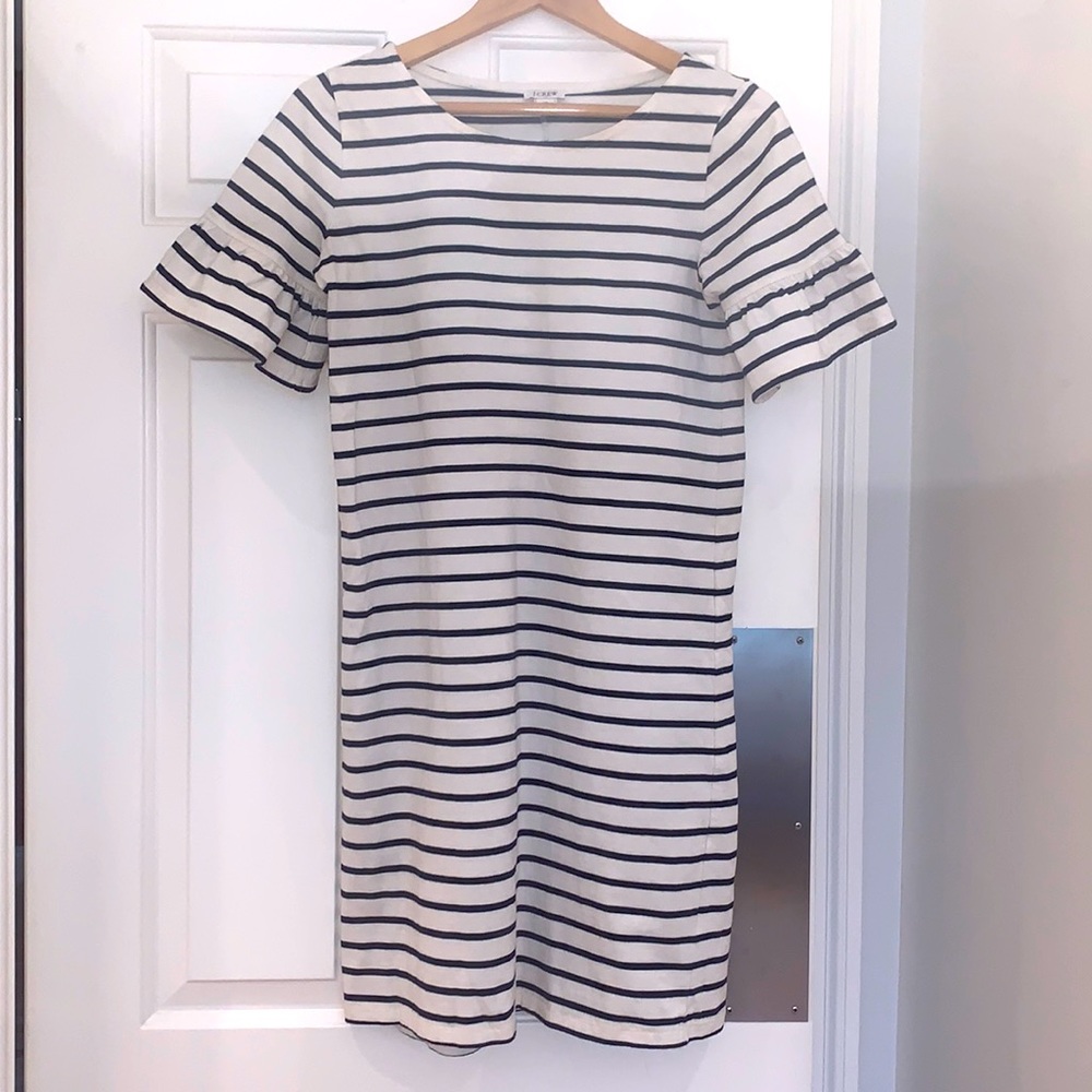 J. Crew Dress Ruffle Sleeve Striped White Navy Womens Size XS